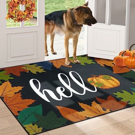 HEBE Hello Fall Door Mat 32"x48" Non Slip Welcome Door Mats Seasonal Pumpkin Maple Leaf Doormat Autumn Front Doormats Absorbent Thanksgiving Door