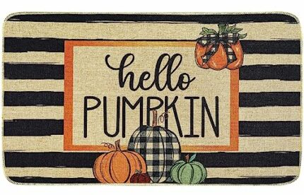 Whaline Fall Welcome Doormat Hello Pumpkin Door Mat with Anti-Slip Rubber Back Black White Watercolor Stripes Non Slip Floor Mat for Autumn Indoo