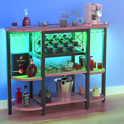 Bar Cabinet, Wine Racks Free Standing Floor with Outlet, Coffee Bar Cabinet with RGB LED Light, Mini Bar Table with Glass Holders, Bottles Wine S