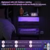 armocity Night Stand with Charging Station, Nightstand with LED Lights, Modern Nightstand Bedside Table with Big Capacity Acrylic Drawer, End Tab