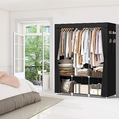 LOKEME Portable Closet, Portable Closets for Hanging Clothes with 3 Hanging Rods and 6 Storage Shelves and 4 Side Pockets, Black Wardrobe Closet