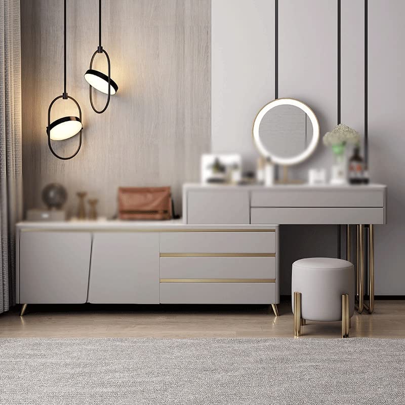 KJHD Wooden Dressing Table Bedroom Vanity Table Makeup Cabinet LED Smart Storage Side Cabinet