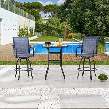 LOKATSE HOME 3 Pcs Bar Stools Set 2 High Swivel Chairs and 1 Height Outdoor Bistro Table, Patio Furniture, Blue Tesling Fabric
