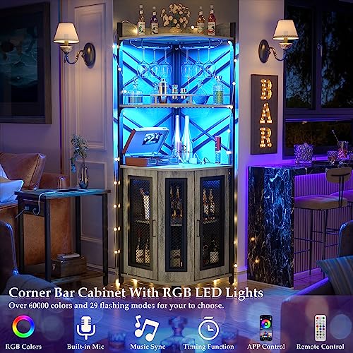 Aheaplus Corner Bar Cabinet with Power Outlet, Industrial Wine Cabinet with LED Strip and Glass Holder, 5-Tiers Liquor Cabinet Bar Unit for Home,