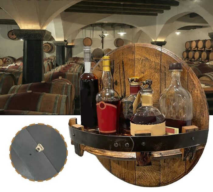 Wooden Bourbon Whiskey Barrel Shelf, Hand Crafted Wall Mounted Wine Rack Countertop, Round Display Organizer Stand Bar Shelves Vintage Liquor Bot