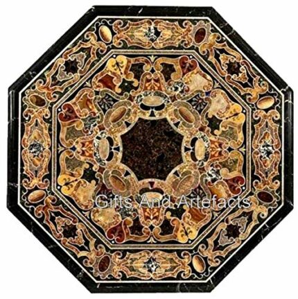 Gifts And Artefacts 36 x 36 Inches Unique Pattern Inlay Work Dining Table Top Octagon Shape Black Marble Center Table for Office Furniture Decor