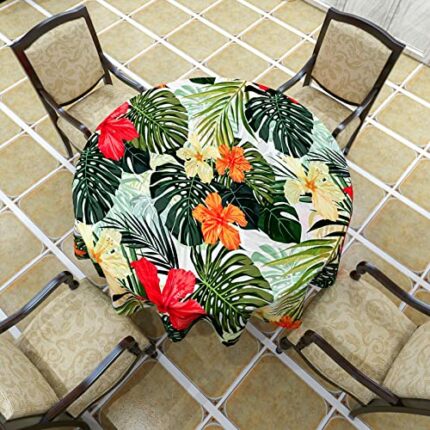 VVA Round Tablecloth Hawaiian Summer with Tropical Plants Hibiscus Flowers Green Waterproof Table Cloth for Holiday Party Family Dinners Patio In