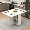 Drop Leaf Table, Folding Kitchen Table, Wooden Dining Table with 2 Storage Racks And Wheels, Space Saving Extendable Table for Kitchen/Living Roo