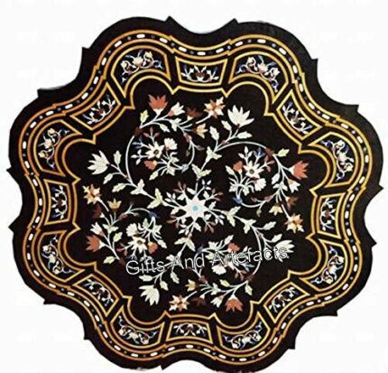 Gifts And Artefacts 42 x 42 Inches Octagon Shape Black Marble Kitchen Table Top for Home Furniture Decor Pietra Dura Art Dining Table with Royal
