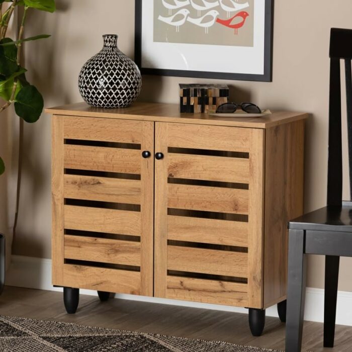 TJLSS Wood 2-Door Shoe Storage Cabinet Entrance Shoe Cabinet Oak Finished Wooden Door Shoe Cabinet Foyer