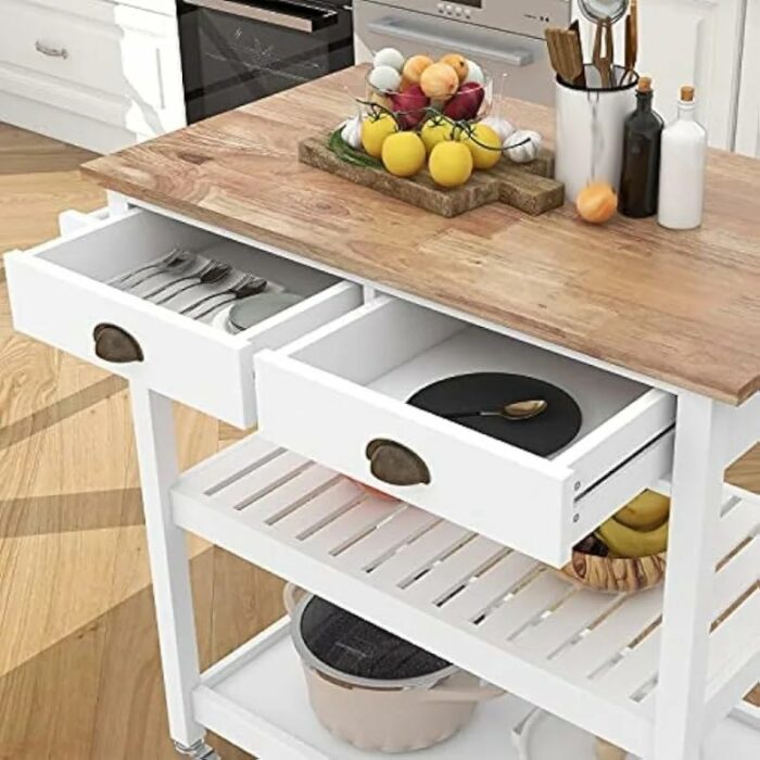 JJZXD Rolling Kitchen Cart, Portable Kitchen Island Wood Top Kitchen Trolley With Drawers And Two-Tier Open Shelf