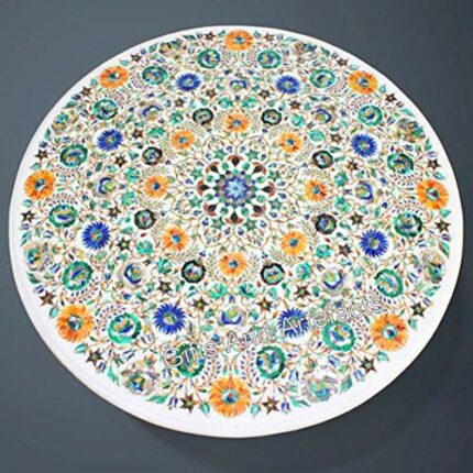 Gifts And Artefacts 36 x 36 Inches Multicolor Gemstone Inlay Work Kitchen Table Round Shape White Marble Dining Table Top