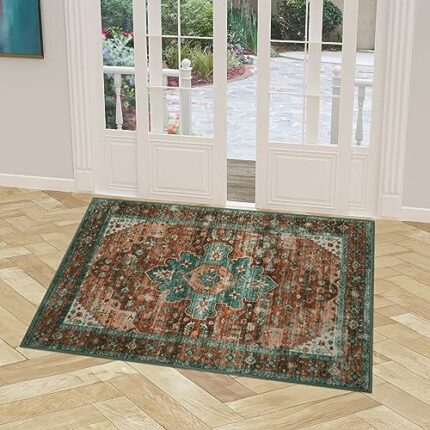 Lahome Washable Indoor Door Mat, Non Slip Boho Vintage 32"x47" Front Doormat, Retro Absorbent Low Profile Entrance Rug with Rubber Backing, Ultra