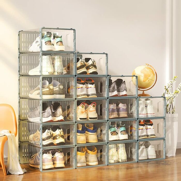 Senhill 6 Pack Shoe Boxes Stackable Shoes Storage ABS Plastic Clear Shoe Organizer Shoes Case Shoes Cabinet Shoe Holder Clamshell Drawer Shoe Box