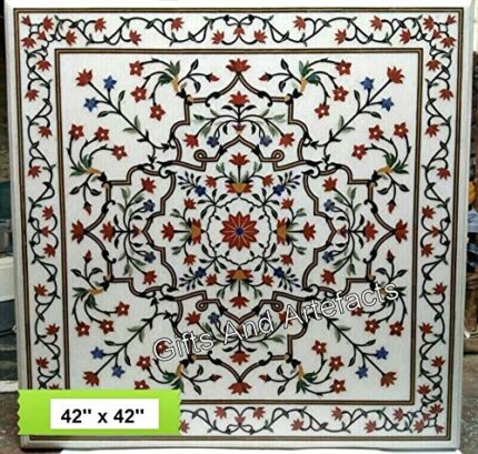 Gifts And Artefacts 42 x 42 Inches Inlaid with Semi Precious Gemstone Dining Table Top White Marble Square Shape Hallway Table for Office Furnitu