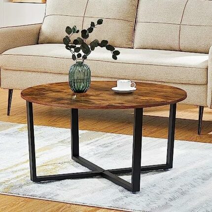 GOLDFAN Retro Round Coffee Table Living Room Centre Table with Black Metal Frame Industrial Wooden Side Table, Brown