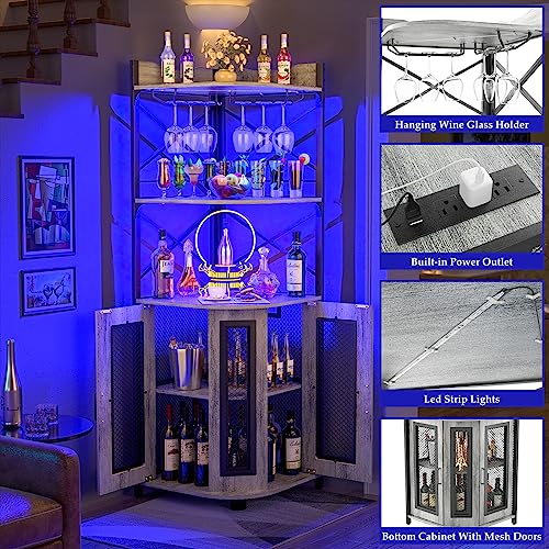 Aheaplus Corner Bar Cabinet with Power Outlet, Industrial Wine Cabinet with LED Strip and Glass Holder, 5-Tiers Liquor Cabinet Bar Unit for Home,
