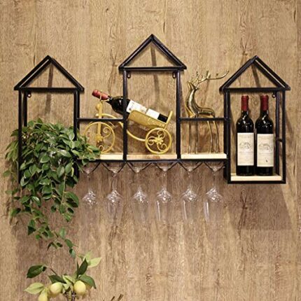 PIBM Wrought Iron Wine Rack Wall Hanging on the Racks Solid Wood Frame Cabinet Restaurant Glass Holder J1114, Black
