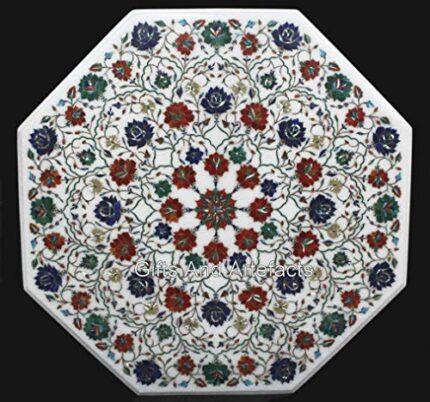 Gifts And Artefacts 42 x 42 Inches Octagon Shape White Marble Dining Table Top Floral Pattern Inlay Work Kitchen Table for Home Furniture Decor