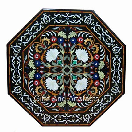 Gifts And Artefacts 42 x 42 Inches Marquetry Art Dining Table Top for Restaurant Decor Octagon Shape Black Marble Kitchen Table with Royal Look