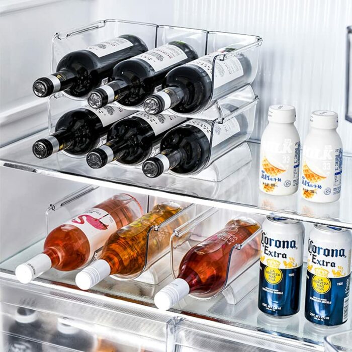 REDANT Stackable Plastic 3 Bottle Refrigerator Wine Rack - Kitchen Storage Organizer Holder for Storing Champagne, Wine, and Water Bottles - Stac