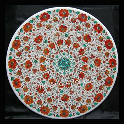 Gifts And Artefacts 36 x 36 Inches Round Shape White Marble Dining Table Top with Royal Look Beautiful Design Inlay Work Island Table for Kitchen