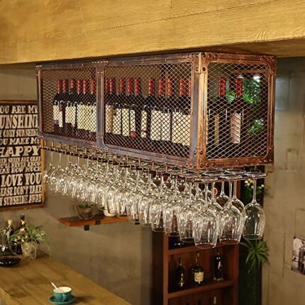 ULAINE Ceiling Wine Rack, Hanging Iron Wine Glass Holder, Retro Bar Floating Shelf, Wine Bottle Holder, Restaurant Kitchen Home Storage Shelves (