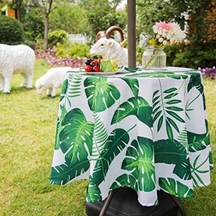 3E Home Patio Round Outdoor Tablecloth Waterproof with Umbrella/Parasol Hole and Zipper[52 inches (132 cm) Palm leaf]