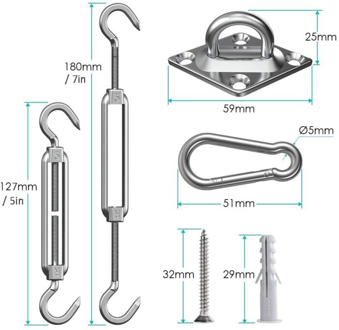 EVERSEE Sun Shade Sail Fixing Kit - Sail Shade Hardware Kit 304 Stainless Steel, Sun Shade Sail Hardware Kit for Garden Rectangle/Square, Heavy D
