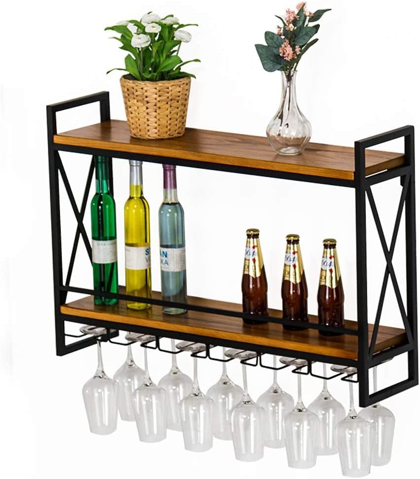 EYLINK Vintage Wine Rack Wall Shelf for Bar Kitchen, Wall-mounted 2-Tiers Wall Wine Bottle Rack and Wine Glass Rack, Metal and Wood Rustic Floati