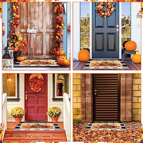 Fabbay 2 Pcs Doormat Home Imitation Coir Autumn Thanksgiving Halloween Doormat with Rubber Non Slip Backing Checkered Buffalo Plaid Rug for Layer