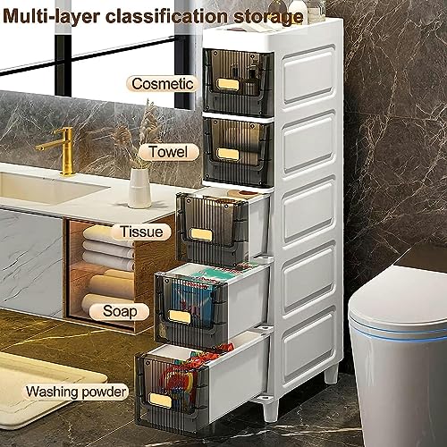 Bathroom Floor Cabinet with Drawers, Large Capacity Slim Toilet Paper Storage Cabinet with Plastic Clear Drawers 18cm Upgrade Storage Tower Vanit