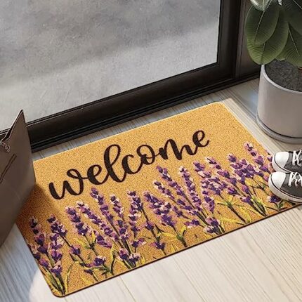 Carvapet Artificial Coir Doormat with Non-Slip Backing for Indoor and Outdoor 17 x 30 inch Front Door Welcome Mat Floral Doormat, Lavender