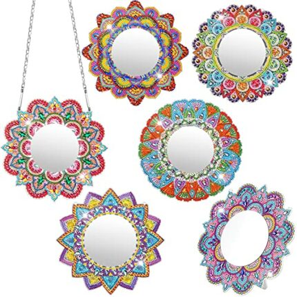 6 Sets Diamond Painting Mirror Mandala Diamond Art Makeup Mirror DIY Plate Shaped Crystal Painting Ornaments for Adult Kid Beginner Home Wall Tab
