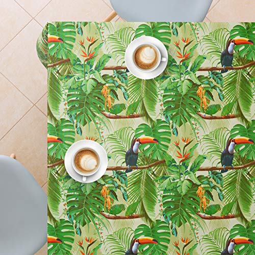 Green Tropical Jungle Wipe Clean Tablecloth - Textil Look - Rectangular 200x140 cm 78x55in - 6 Seats - Waterproof Vinyl PVC Wipeable Plastic Tabl