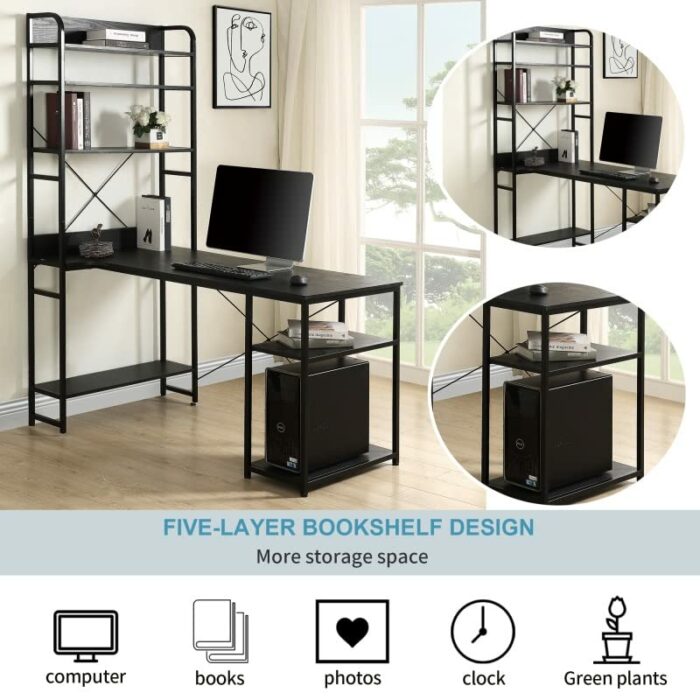 N/A Home Office Computer Desk Metal Frame and MDF Board 5 Tier Open Bookshelf Bedroom Home Furniture (Color : A)