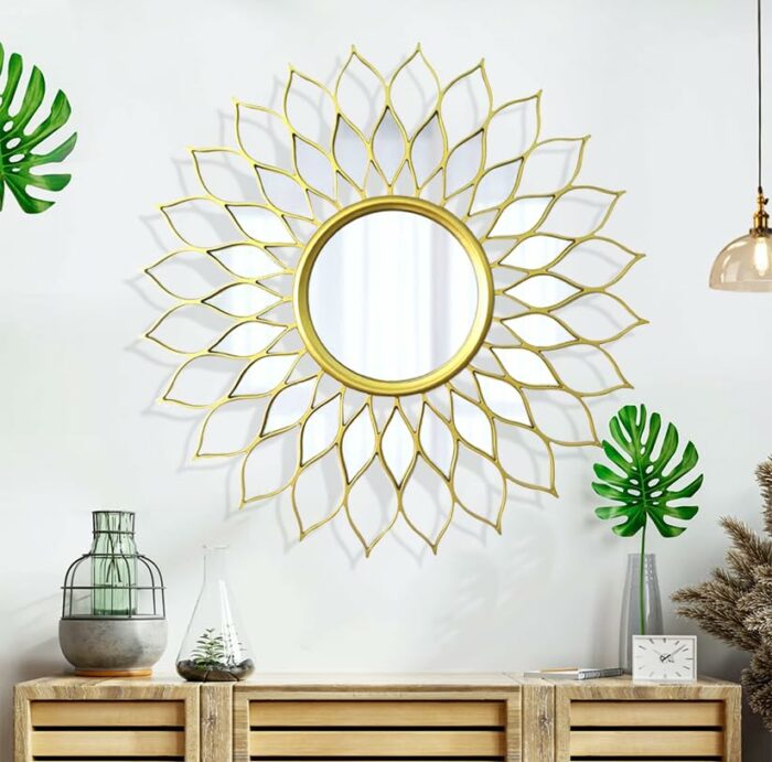 YUDACHU Wall Mirror 35.5'' Flower Round Mirror Gold Wall Decor Modern Large Circle Mirror Metal Decorative Mirror Wall Decoration for Home Living