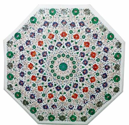 Gifts And Artefacts 42 x 42 Inches Multicolor Gemstones Inlay Work Dining Table Top White Marble Octagon Shape Hallway Table for Home Furniture D
