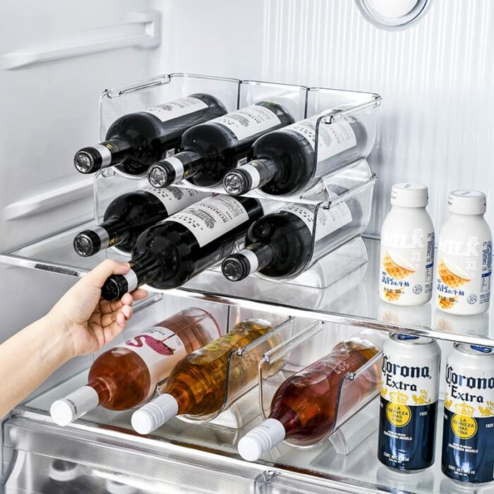 REDANT Stackable Plastic 3 Bottle Refrigerator Wine Rack - Kitchen Storage Organizer Holder for Storing Champagne, Wine, and Water Bottles - Stac