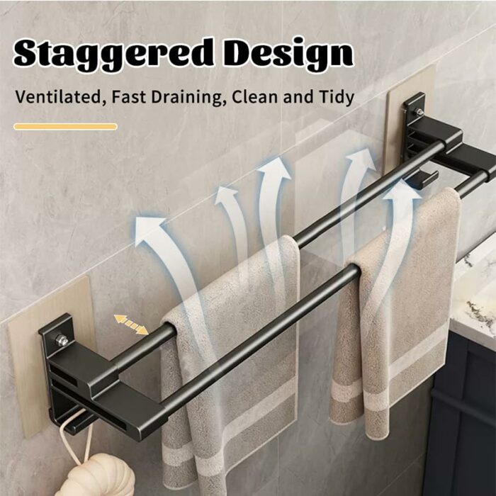 Towel Rail, Black Self Adhesive Towel Holder with Anti Rust Aluminium, 2-Tier Double Rod Towel Shelf Bar with 2 Hooks, No Drilling Towel Storage