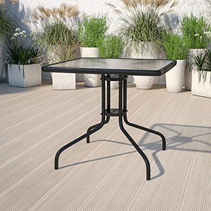 comforyou Outdoor 80cm Dining Table Tempered Glass Top Steel Frame Home Garden Coffee End Side Table with Parasol Hole (Square 80cm)