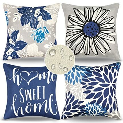 Cushion Covers 45 X 45 Square Pillow Covers Pack of 4 Waterproof Cushion Covers Blue Flower Outdoor Throw Pillow Covers Decorative Cushion Covers