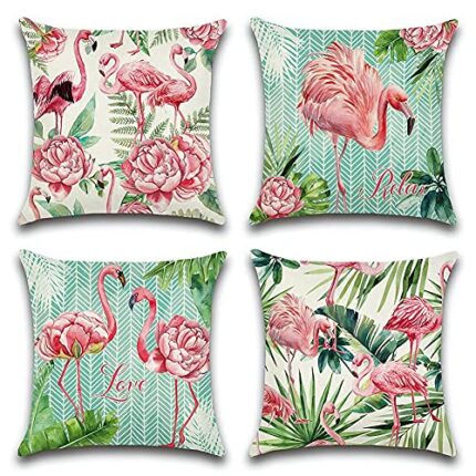 Artscope Set of 4 Waterproof Cushion Covers 45x45cm, Decorative Flamingo and Pink Flowers Pattern Throw Pillow Covers, Perfect to Outdoor Patio G