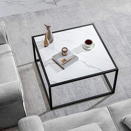 SAYGOER Marble Coffee Table Small Square Coffee Tables Simple Modern Center Table for Living Room Home Office 70 * 70 * 40CM, Easy Assembly, Whit