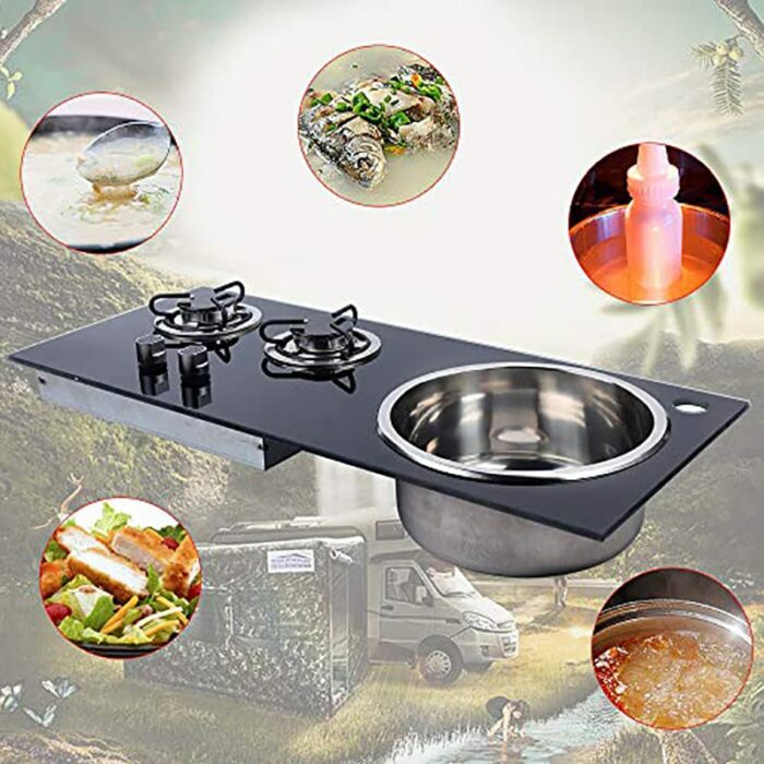 RV Gas Stove Cooker, 2 Burners Gas Stove Hob and Sink Combo High Gas Cooktop Gas Stove Cooker, for RV Caravan, Camping, Boating Bar Hand Sink