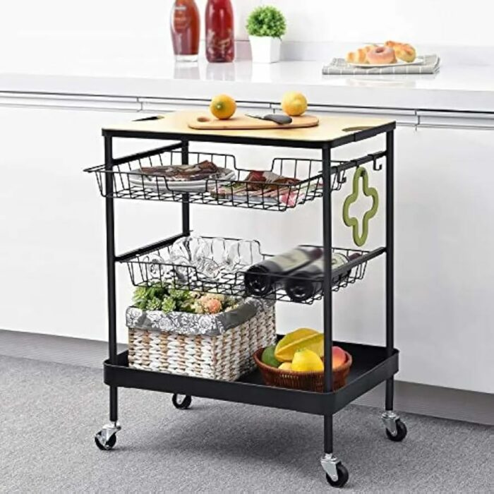 JJZXD Kitchen Island Serving Cart with Utility Wood Tabletop, 4-Tier Rolling Storage Cart with 2 Basket Drawers