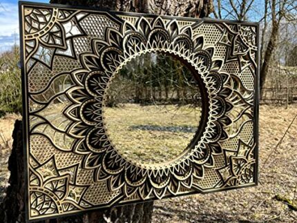 BHDecor Mirror Home Wall Decor – Multilayer Laser Cut Carved Frame Elegant Wooden Mandala Hanging MDF Panels for Decoration - Rustic Contemporary