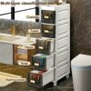 OPSREY Narrow Bathroom Corner Floor Cabinet, Slim Toilet Paper Storage Cabinet with Clear Drawers and Casters, Bathroom Floor Cabinet Storage Car
