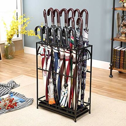 FBITE Umbrella Stands,Iron with Hooks/Drip Tray European Household Canes/Walking Stick Stand Storage Holder Rack Personality Creative Long/Short