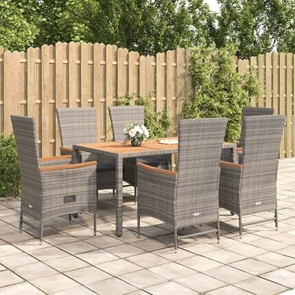 vidaXL Garden Dining Set 7 Piece Outdoor Dining Set Chair and Table Armchair Patio Dinner Table and Chair Grey Poly Rattan and Solid Wood Acacia
